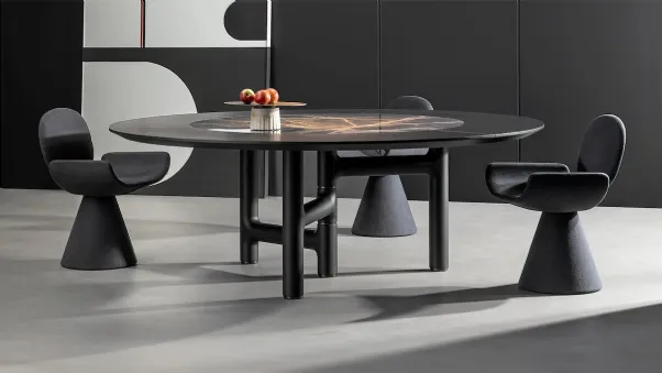 Tavolo rotondo Pivot ST con top in legno e ceramica di Bonaldo