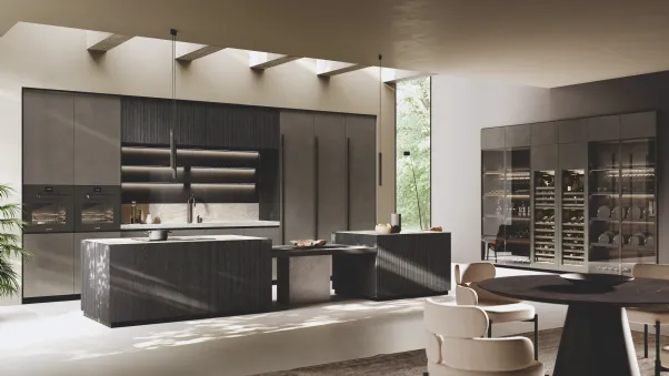 Cucina Design in laccato Metal con isola Bluna Legno Rigato di Binova