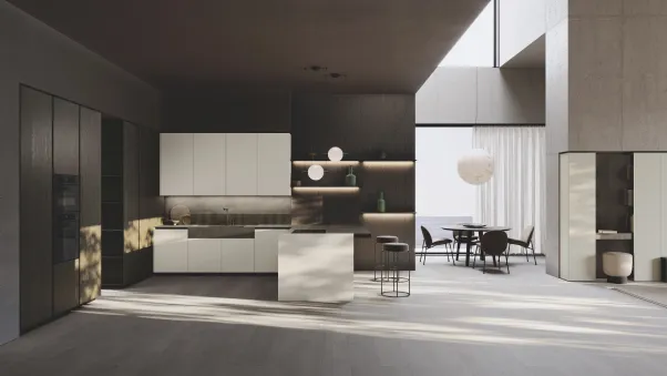 Cucina Design con penisola Bluna Tech Opaco in laccato e bilaminato legno Rovere di Binova