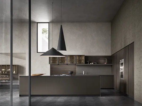 Cucina Design in alluminio brunito, vetro e bilaminato noce con isola Lab di Binova