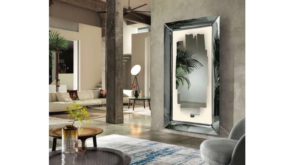 Specchio Caadre with light con decoro artistico e cornice in vetro semiriflettente di Fiam