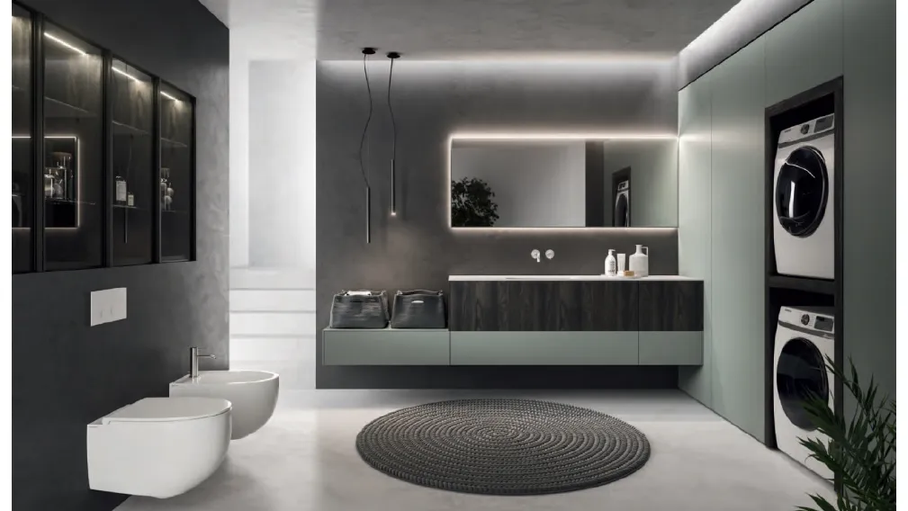 Mobile da Bagno per lavanderia Modo Laundry 16 in laccato Tecnomatt Verde Timo e melaminico Smoke di Altamarea