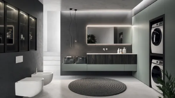 Mobile da Bagno per lavanderia Modo Laundry 16 in laccato Tecnomatt Verde Timo e melaminico Smoke di Altamarea