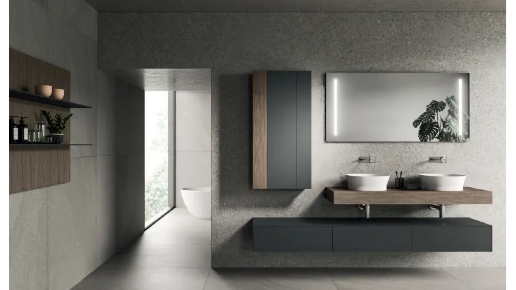 Mobile da Bagno Modo Project 06 in laccato Sand Grigio e laminato Noce Savoia di Altamarea