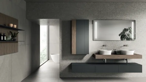 Mobile da Bagno Modo Project 06 in laccato Sand Grigio e laminato Noce Savoia di Altamarea