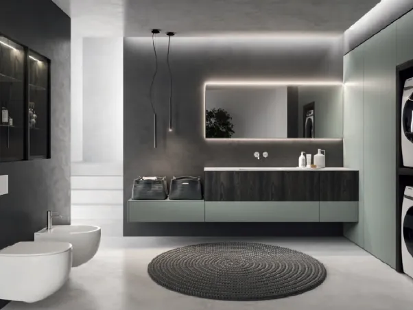 Mobile da Bagno per lavanderia Modo Laundry 16 in laccato Tecnomatt Verde Timo e melaminico Smoke di Altamarea