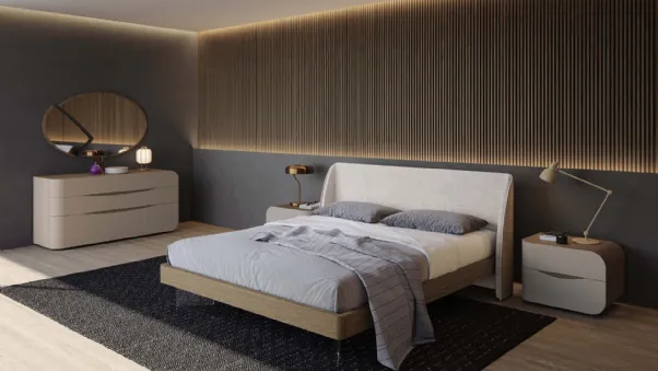Letto in legno con imbottitura frontale in velluto e piedini in vetro Eikon Quercia di Voltan