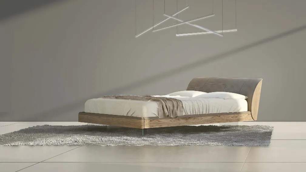 Letto matrimoniale in legno quercia con piedi in vetro e LED Elite di Voltan