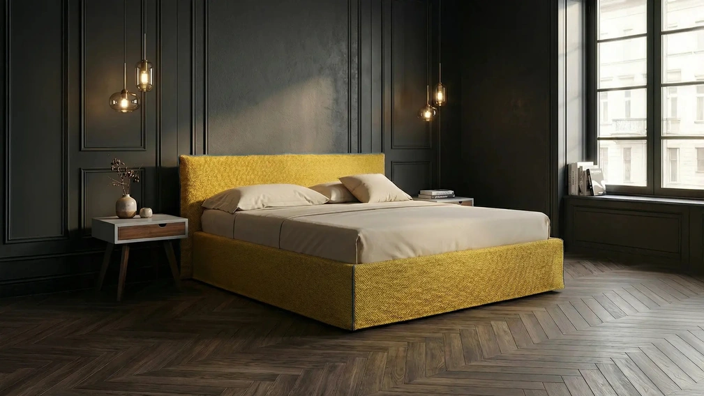 Letto in tessuto con testiera e contenitore Tahiti di Horm