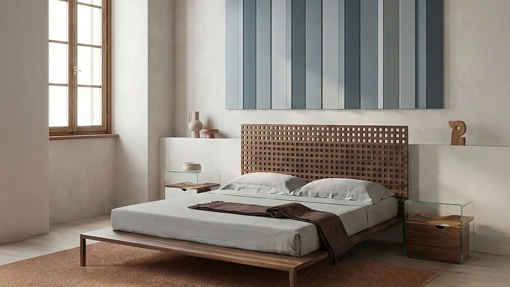 Letto in legno sottile con testiera a rete Twine di Horm