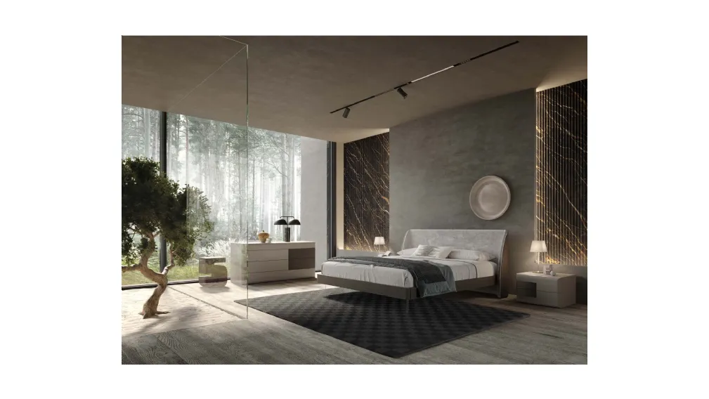 Letto Eikon finitura Quercia Carbone con testiera rivestita internamente in tessuto di Voltan