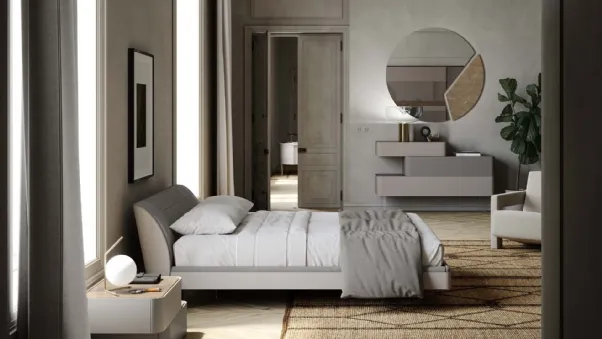 Letto con testiera Prestige laccato opaco grigio alpaca in econabuk fango imbottito di Voltan