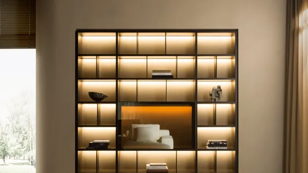 Libreria a muro componibile in laccato opaco con schienali in specchio bronzato 505 UP SYSTEM 10 di Molteni & C