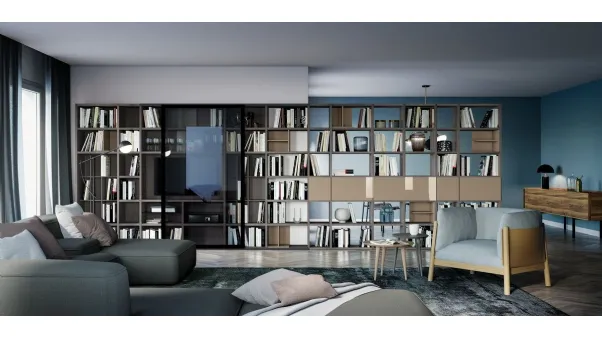 Libreria a muro e divisoria Logic Collection 03 in rovere fumo, laccato lucido e vetro grigio trasparente di Morassutti