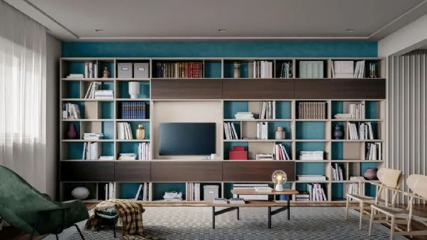 Libreria componibile a muro Logic Collection 05 in rovere affumicato e laccato sabbia opaco di Morassutti