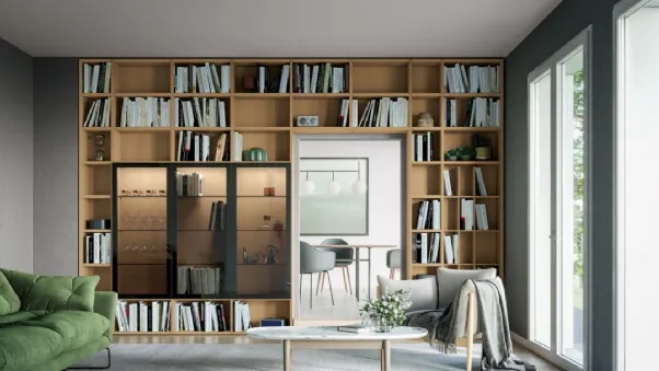 Libreria su misura Logic Collection 14 in rovere avana con ante in laccato ardesia opaco e vetro grigio trasparente di Morassutti