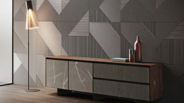 Madia con top in finitura legno Noce Canaletto e ante in gres finitura pietra Avola di Binova