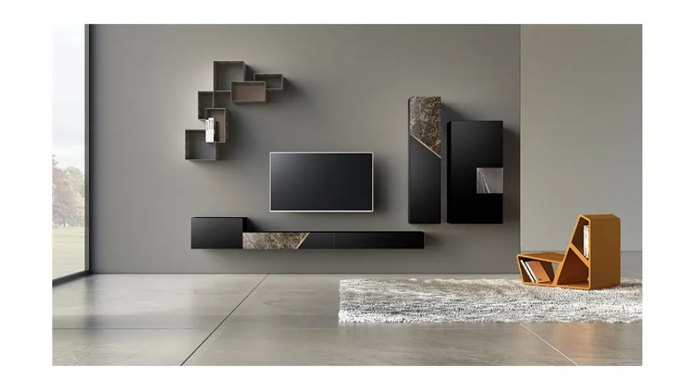 Parete Attrezzata Comp 13 in laccato opaco, ceramica e bronzo graffiato di Voltan