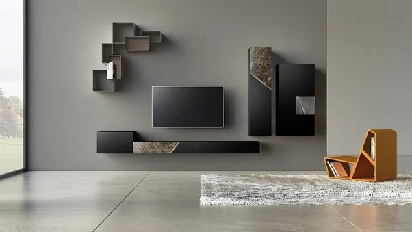 Parete Attrezzata Comp 13 in laccato opaco, ceramica e bronzo graffiato di Voltan