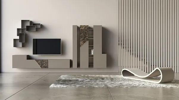 Parete Attrezzata in laccato opaco con inserti in ceramica e bronzo graffiato Comp 15 di Voltan