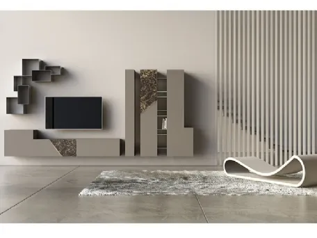 Parete Attrezzata in laccato opaco con inserti in ceramica e bronzo graffiato Comp 15 di Voltan