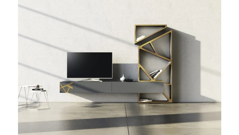 Parete Attrezzata in laccato opaco con inserti in bronzo graffiato Comp 18 di Voltan