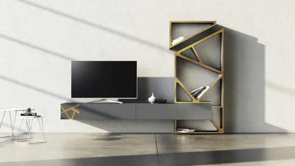 Parete Attrezzata in laccato opaco con inserti in bronzo graffiato Comp 18 di Voltan