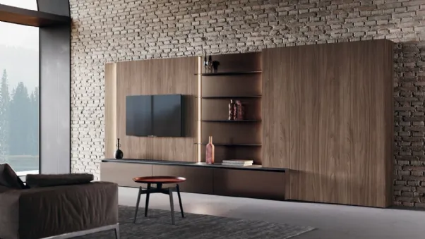 Parete Attrezzata in laccato effetto alluminio e top in gres con spalla in bilaminato legno Noce Lab di Binova