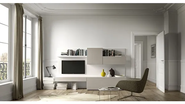 Parete Attrezzata Live 07 NEUTRAL COLOURS in ecomalta grigio pietra e laccato bianco opaco di Morassutti