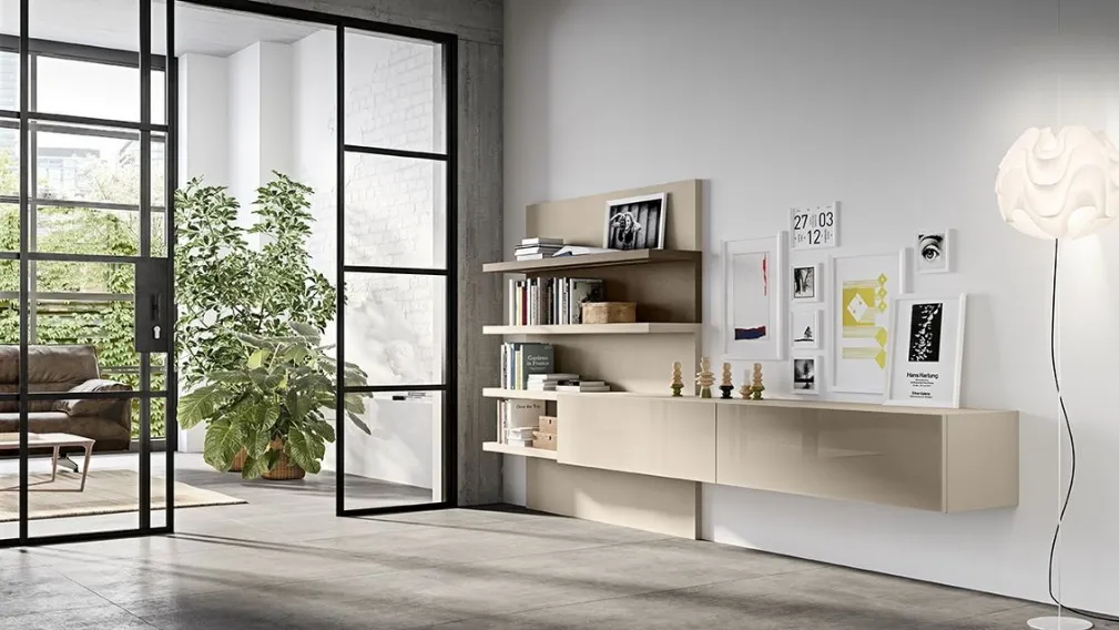 Parete Attrezzata Live 10 BE GLOSSY in vetro visone lucido, laccato opaco visone e grigio tortora di Morassutti