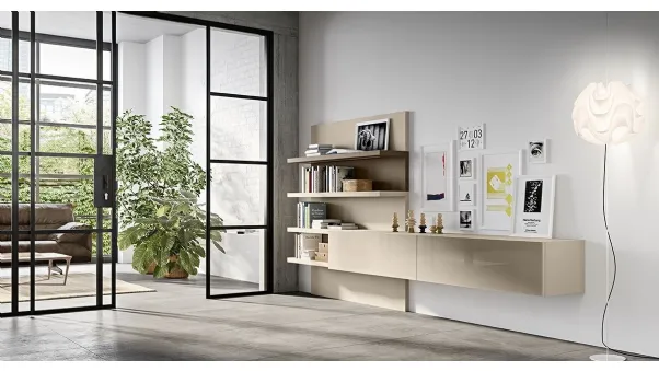 Parete Attrezzata Live 10 BE GLOSSY in vetro visone lucido, laccato opaco visone e grigio tortora di Morassutti