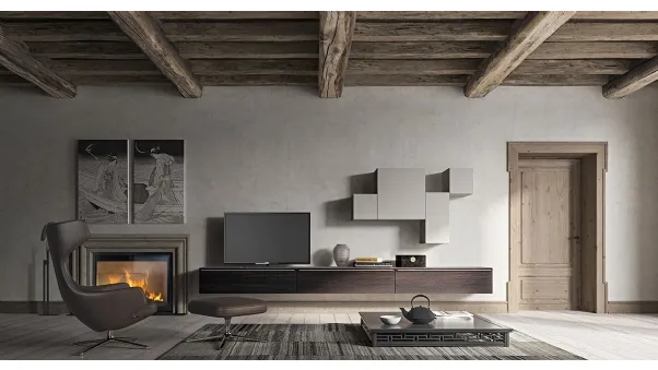 Parete Attrezzata sospesa Live 11 GEOMETRIC in rovere affumicato e laccato opaco di Morassutti