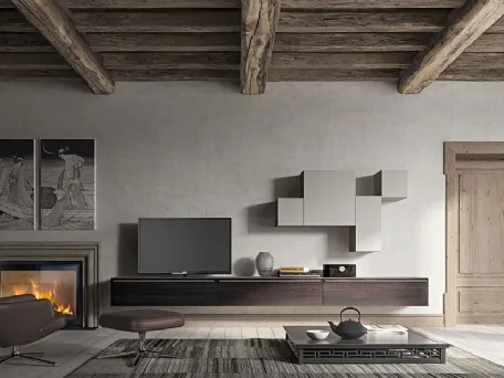 Parete Attrezzata sospesa Live 11 GEOMETRIC in rovere affumicato e laccato opaco di Morassutti