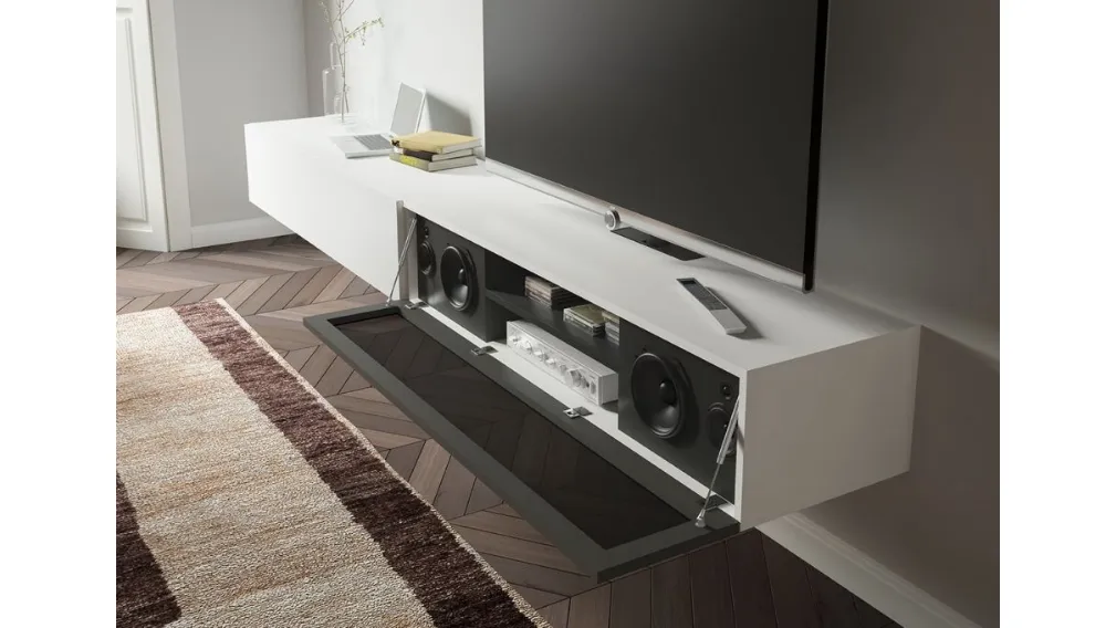 Parete Attrezzata sospesa Live 17 DECOR in laccato opaco bianco e nero e tessuto acustico nero di Morassutti