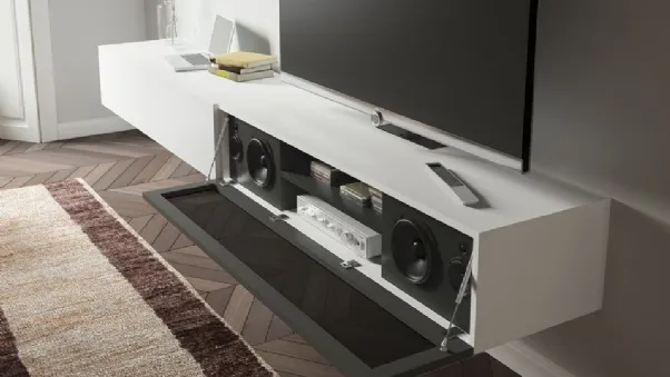 Parete Attrezzata sospesa Live 17 DECOR in laccato opaco bianco e nero e tessuto acustico nero di Morassutti