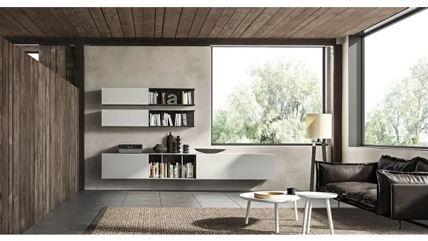 Parete Attrezzata sospesa Live 19 RETRO STYLE in laccato nuvola opaco e rovere affumicato di Morassutti