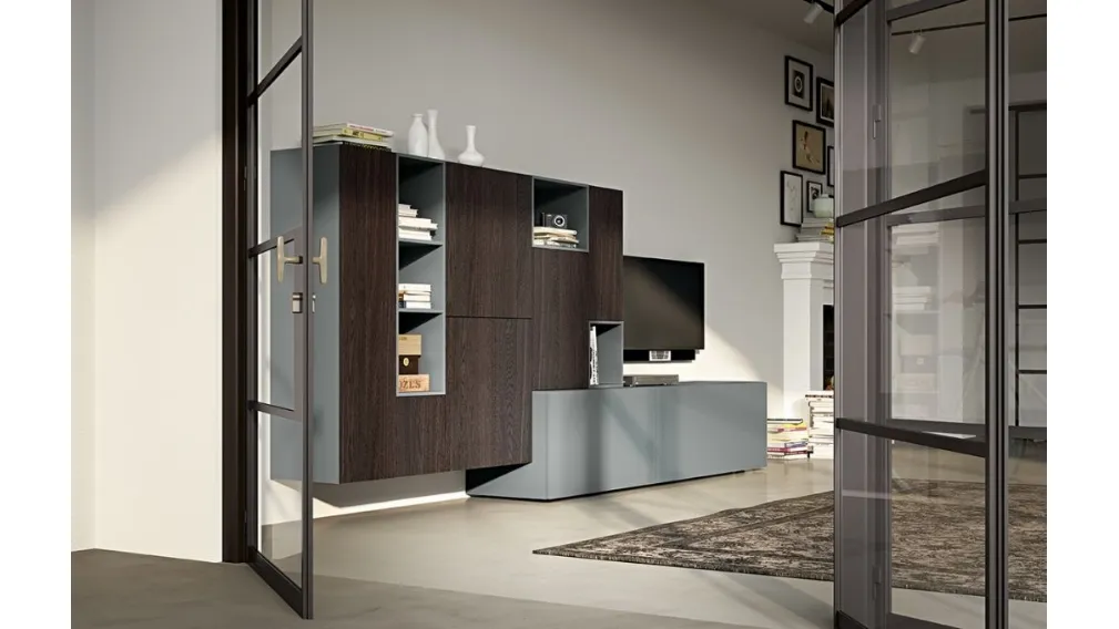 Parete Attrezzata Live 22 BE COLOUR in rovere affumicato e laccato grigio opaco di Morassutti