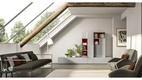 Parete Attrezzata Live 23 GREY & WOOD in laccato opaco sabbia e rosso cina e rovere naturale di Morassutti