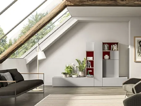 Parete Attrezzata Live 23 GREY & WOOD in laccato opaco sabbia e rosso cina e rovere naturale di Morassutti