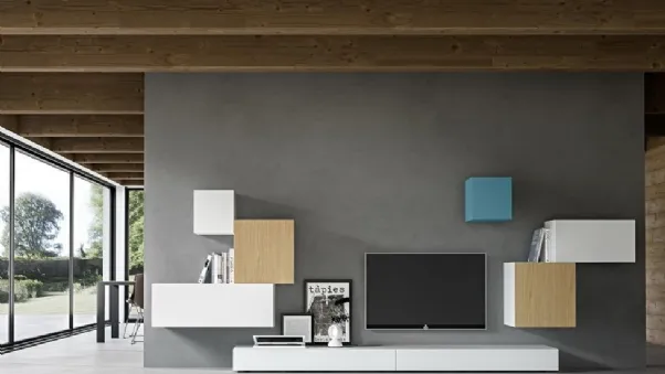 Parete Attrezzata Live 24 NEUTRAL COLOURS in laccato opaco bianco e cielo e rovere naturale di Morassutti
