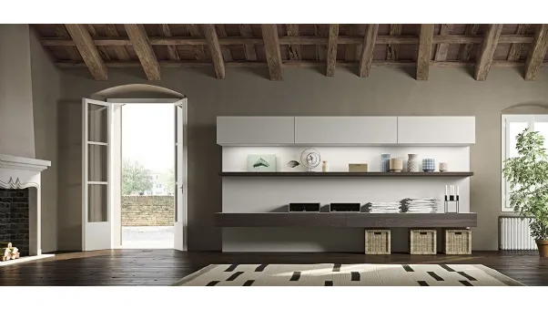 Parete Attrezzata Live 26 LIGHT in rovere affumicato e laccato canapa opaco di Morassutti