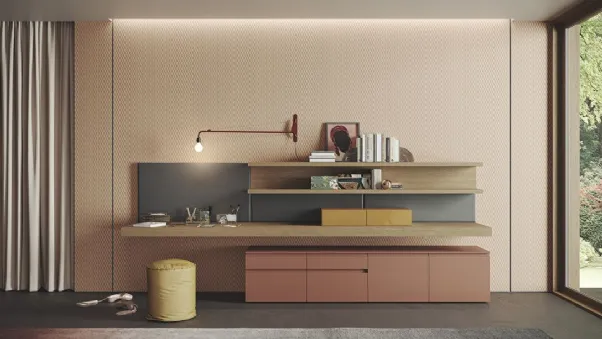 Parete Attrezzata Live & Logic Systems 11 in rovere avana e in laccato mattone opaco di Morassutti