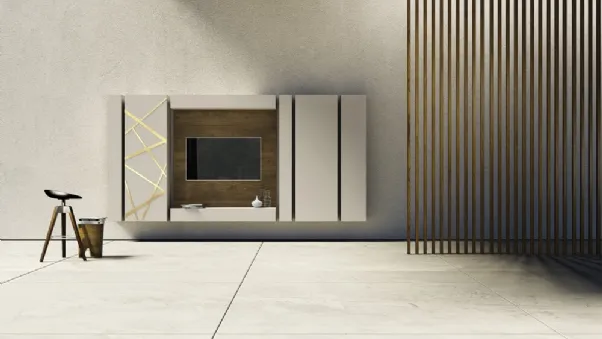 Parete Attrezzata in laccato con decorazione in bronzo graffiato e pannello porta TV in legno di quercia Comp 06 di Voltan
