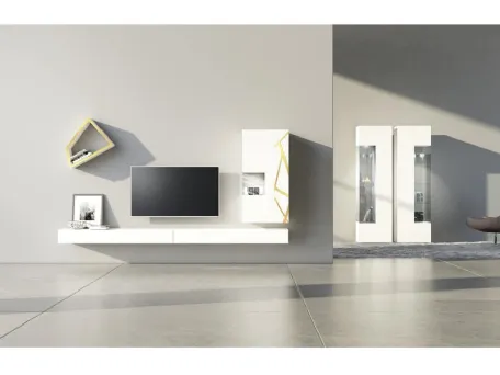 Parete Attrezzata Comp 08 in laccato opaco bianco, con pensile decorato in bronzo graffiato di Voltan