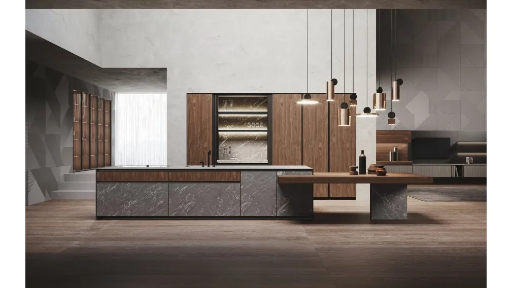 Cucina Design in Noce Canaletto con isola in hpl finitura pietra Alicante Avola di Binova