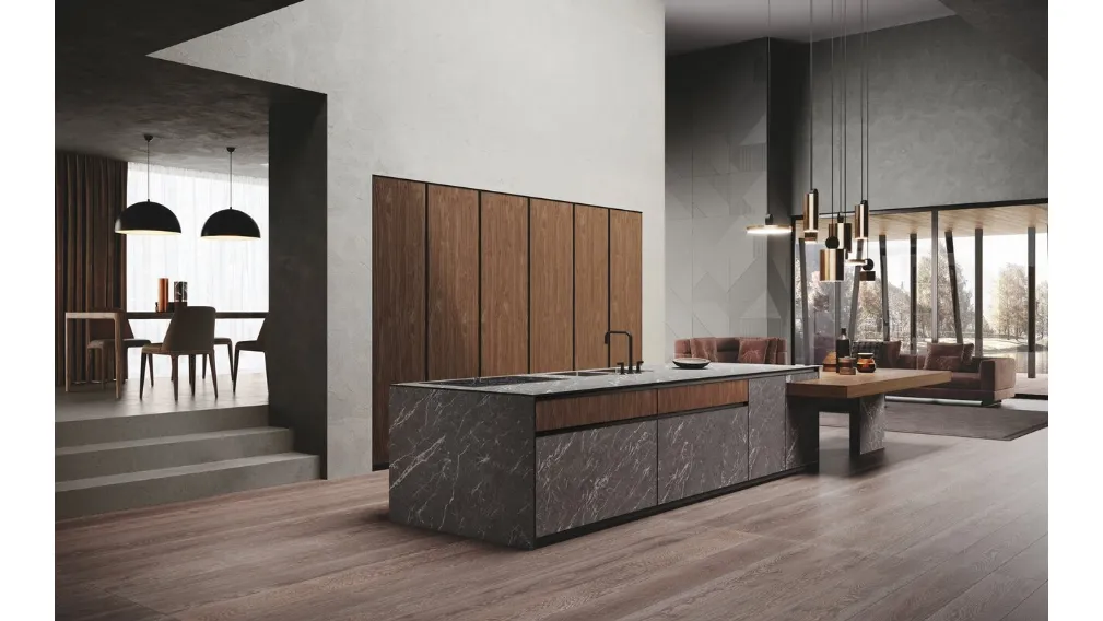 Cucina Design con isola Avola in legno e gres di Binova