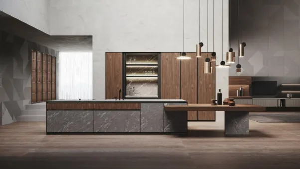 Cucina Design in Noce Canaletto con isola in hpl finitura pietra Alicante Avola di Binova