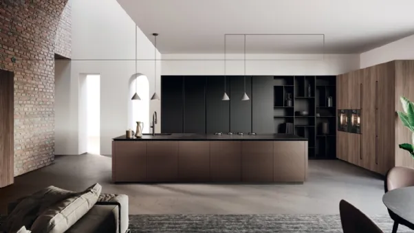 Cucina Design in alluminio brunito, vetro e bilaminato noce con isola Lab di Binova