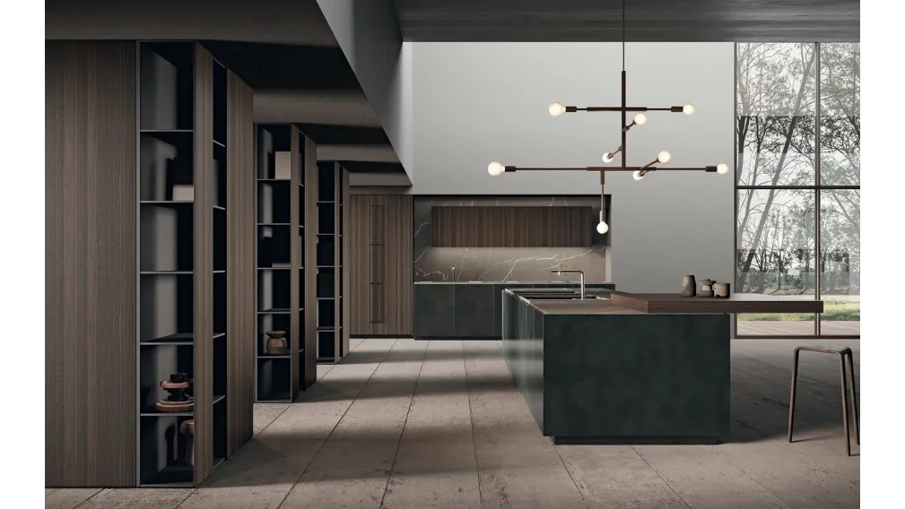 Cucina Design con isola in laccato effetto metallico e bilaminato effetto legno con top in gres Scava di Binova