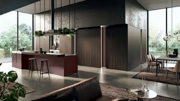 Cucina Design con isola in laccato metal Amaranto e legno con top in gres Vogue Metal 4|0 di Binova